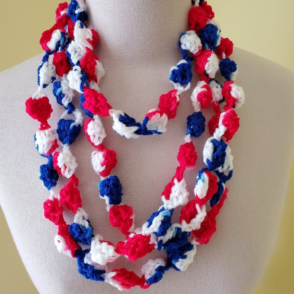 Crochet Red, White, and Blue Bobble Necklace/New